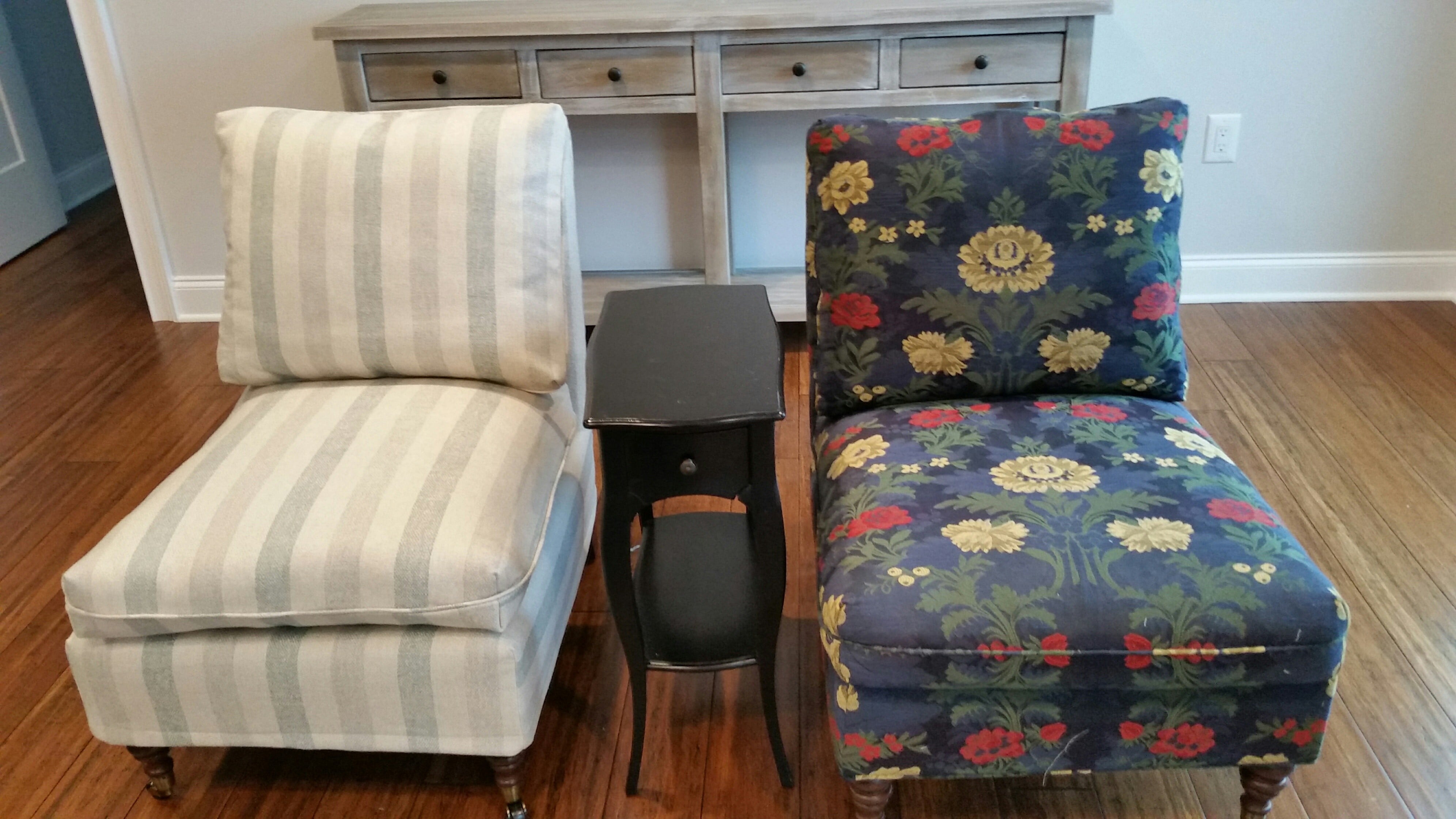 2armless chairs, first one shows  slipcover in striped fabric and second one shows original upholstery.
